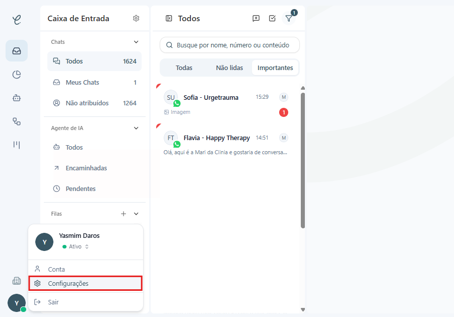 Menu de perfil aberto na Clinia com a opção Configurações destacada