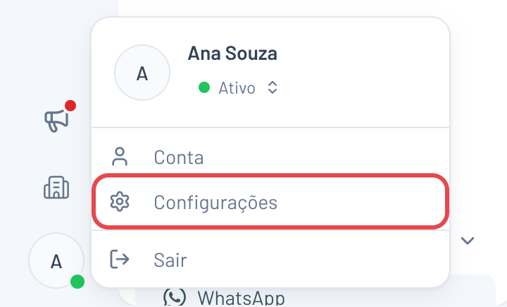 Menu do perfil aberto no canto inferior esquerdo, com a opção Configurações destacada em vermelho