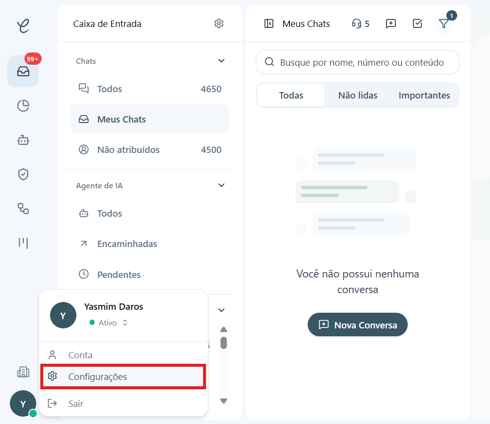 Menu do perfil aberto com a opção Configurações destacada em vermelho