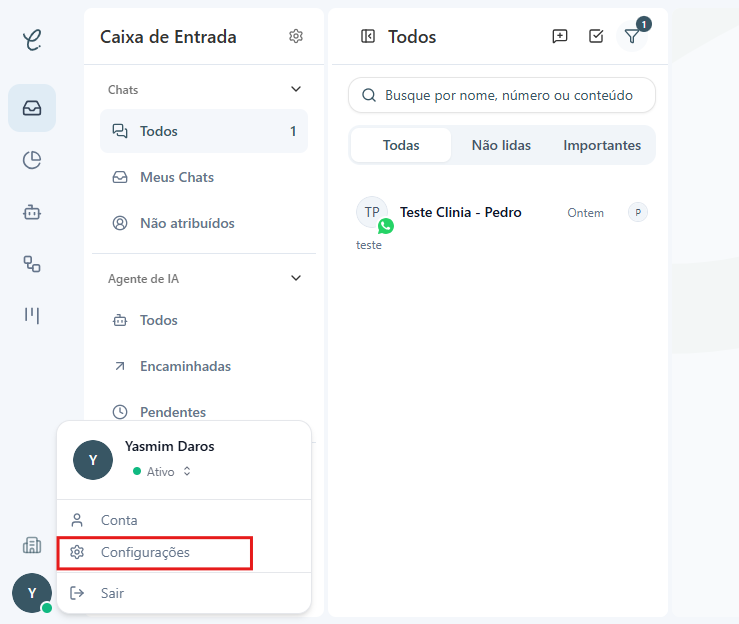 Menu do perfil aberto com a opção Configurações destacada