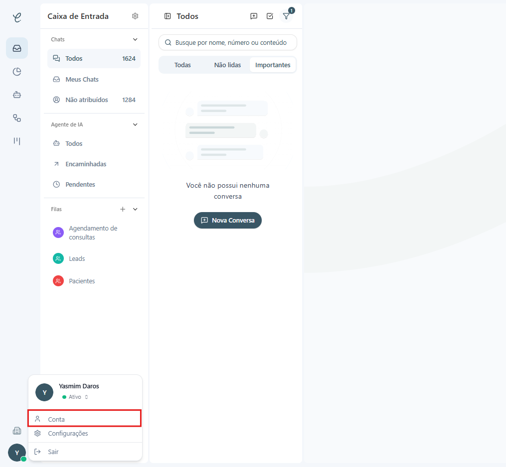 Menu de perfil aberto com a opção Conta destacada em vermelho