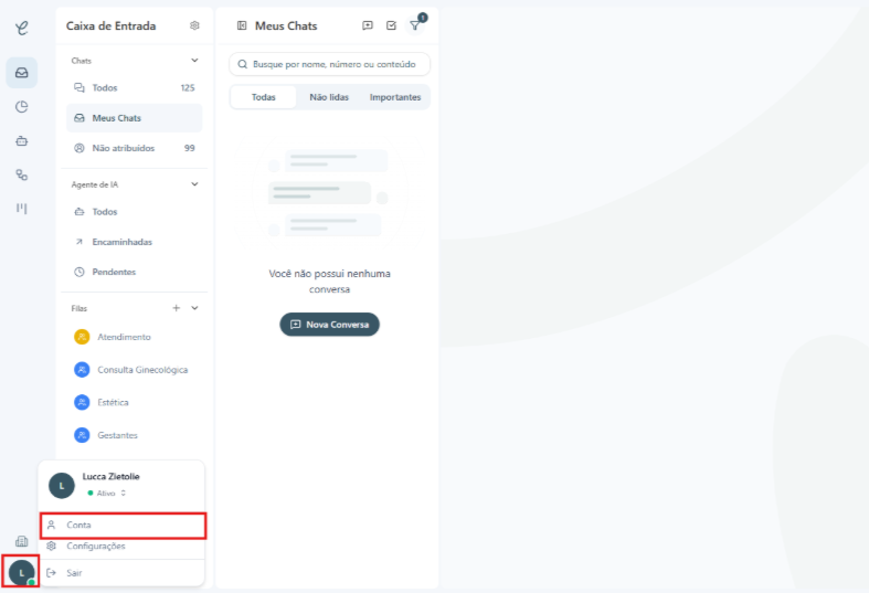 Menu de perfil aberto na Clinia com a opção Conta destacada em vermelho