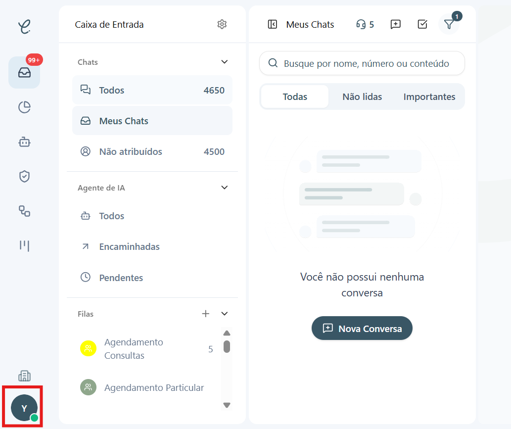 Ícone de perfil no canto inferior esquerdo da tela inicial da Clinia, destacado em vermelho