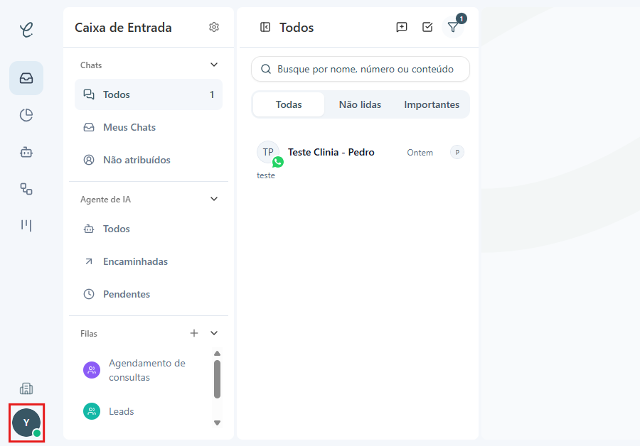 Ícone de perfil no canto inferior esquerdo da tela inicial da Clinia, destacado em vermelho