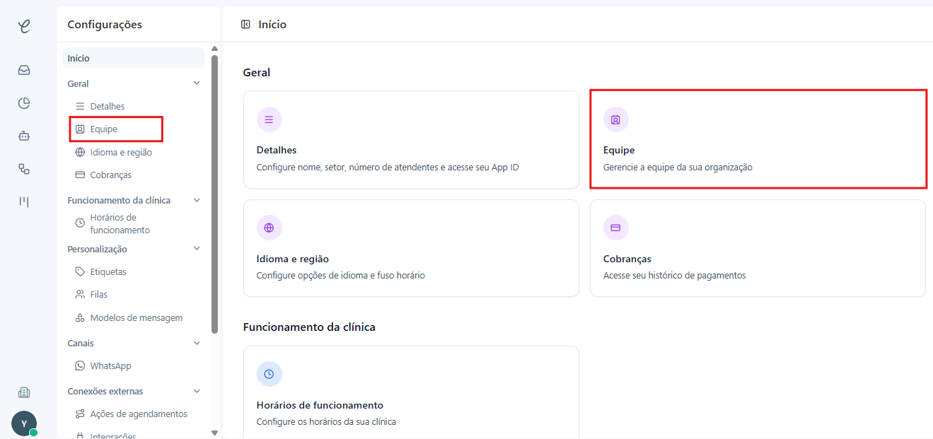 Tela de Configurações com a seção Equipe em destaque