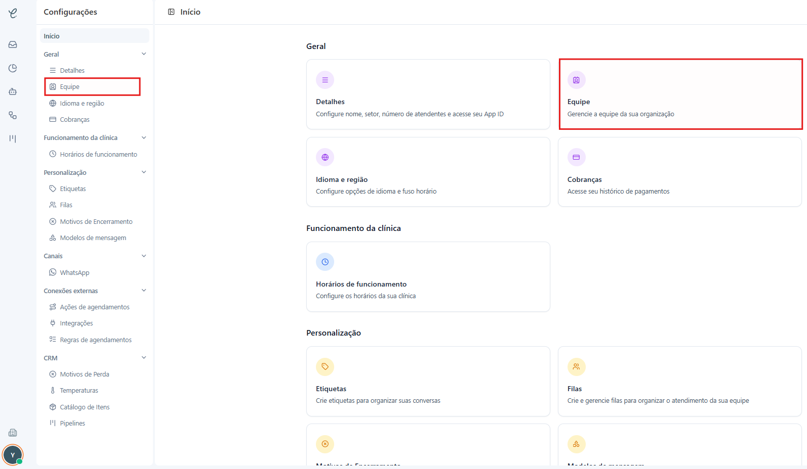 Tela de Configurações com a seção Equipe em destaque