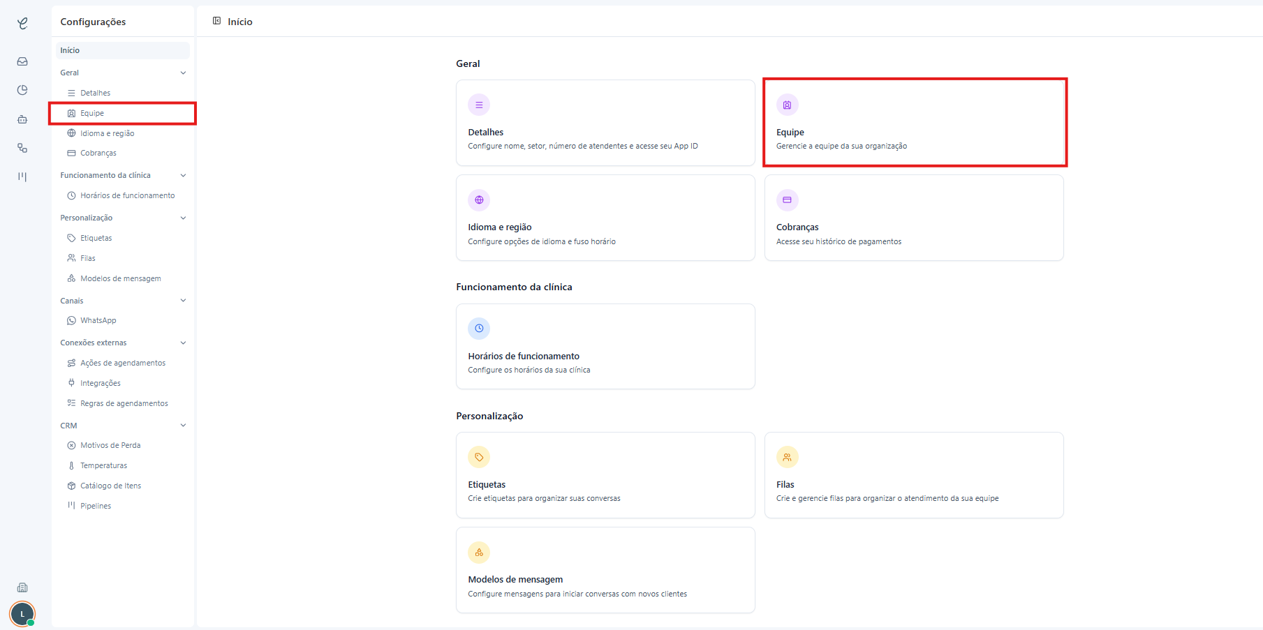 Tela de Configurações com a seção Equipe em destaque