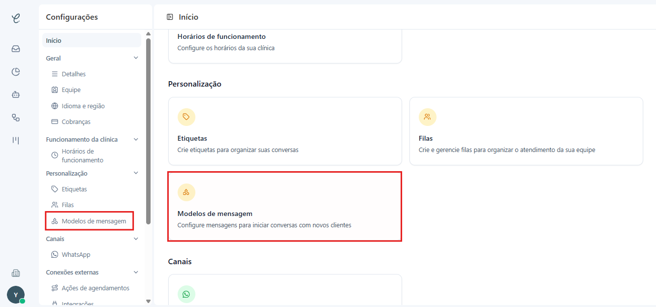 Tela de configurações da Clinia com a opção Modelos de Mensagem em destaque