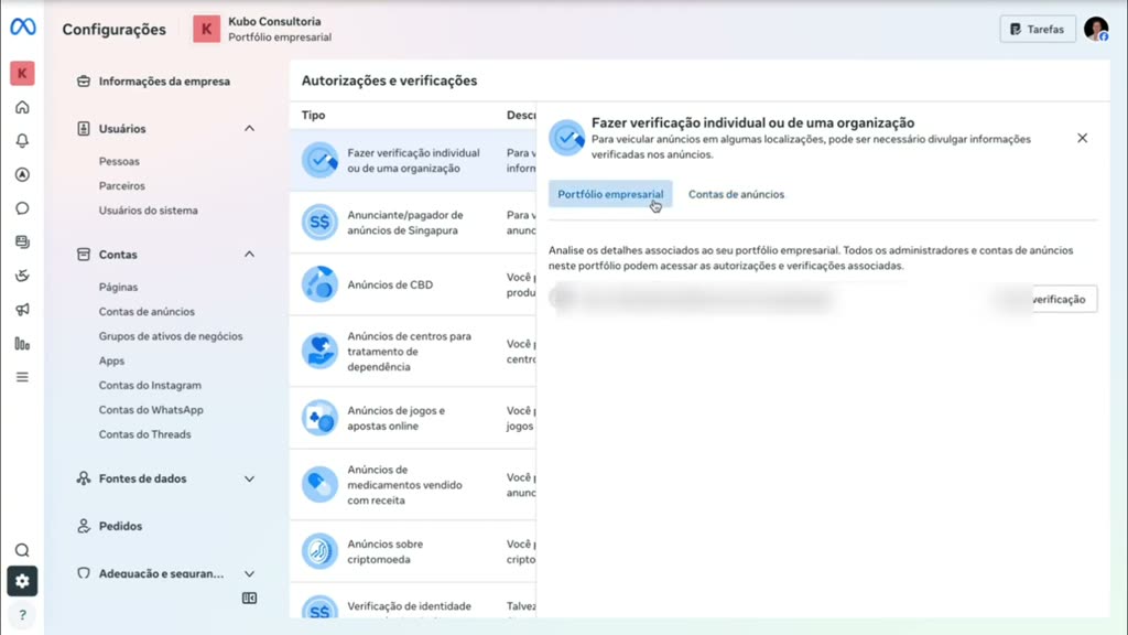 Painel Autorizações e verificações com a aba Portfólio empresarial selecionada