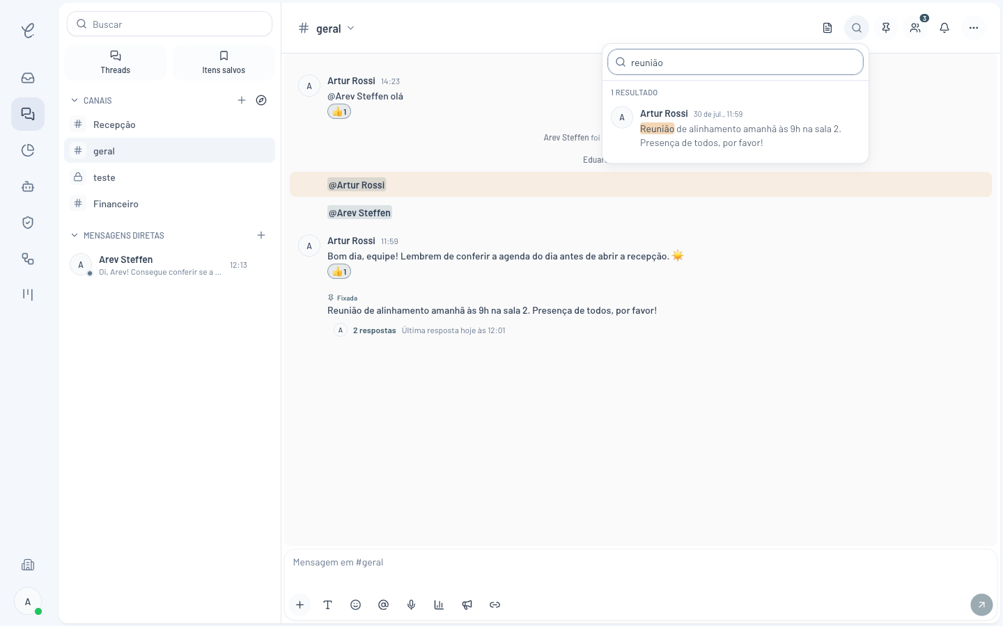 Busca dentro do canal na Clinia mostrando resultados com o termo pesquisado destacado