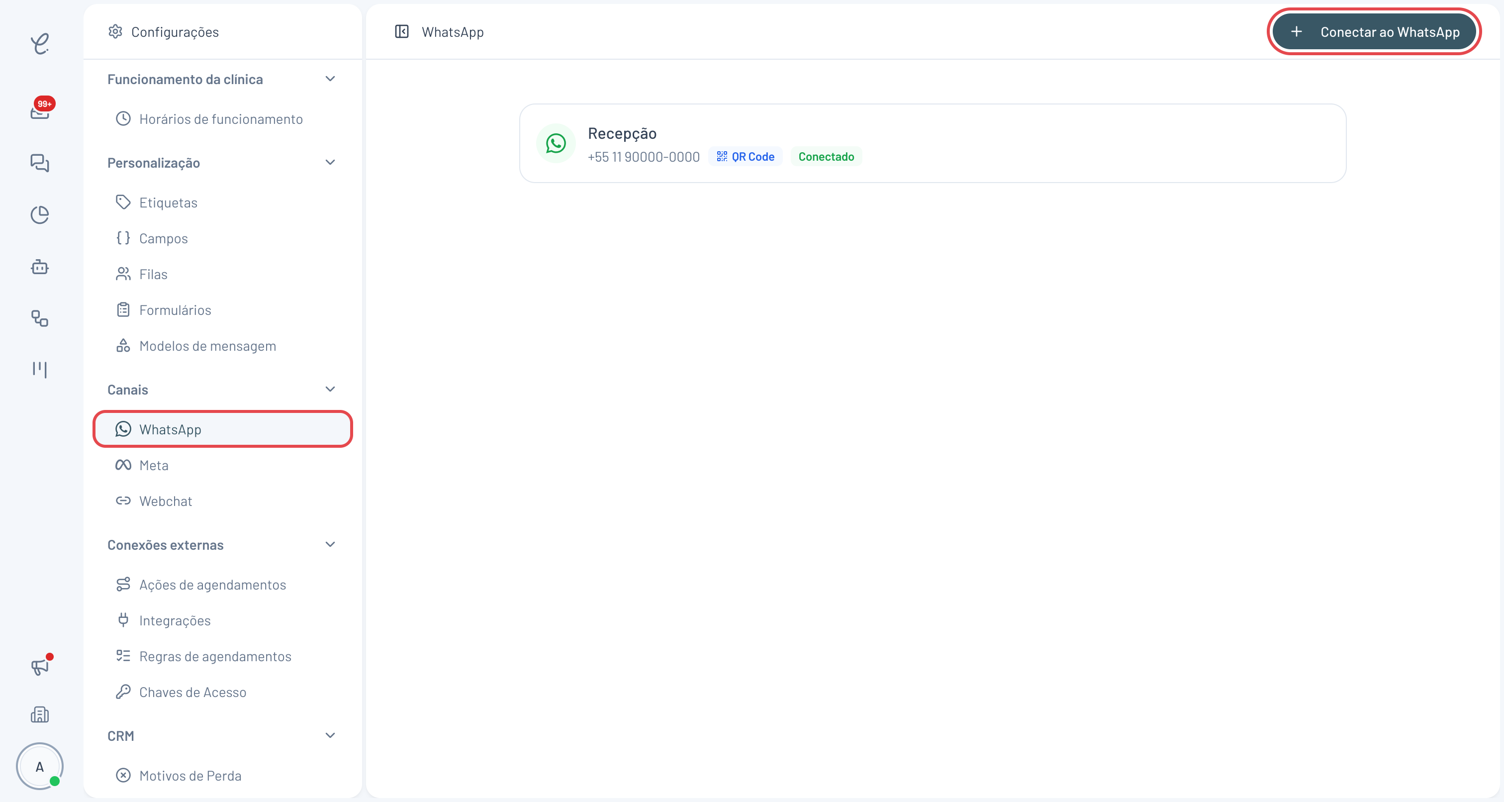 Tela de Configurações com o item WhatsApp do grupo Canais e o botão Conectar ao WhatsApp destacados