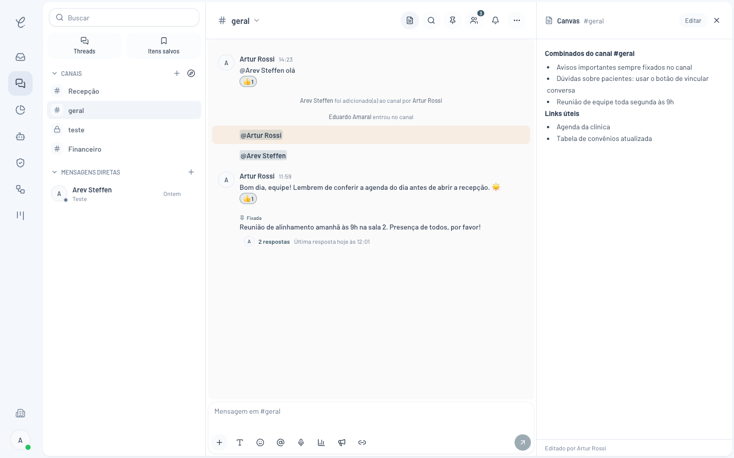 Canvas do canal geral na Clinia exibindo uma lista de combinados da equipe e links úteis