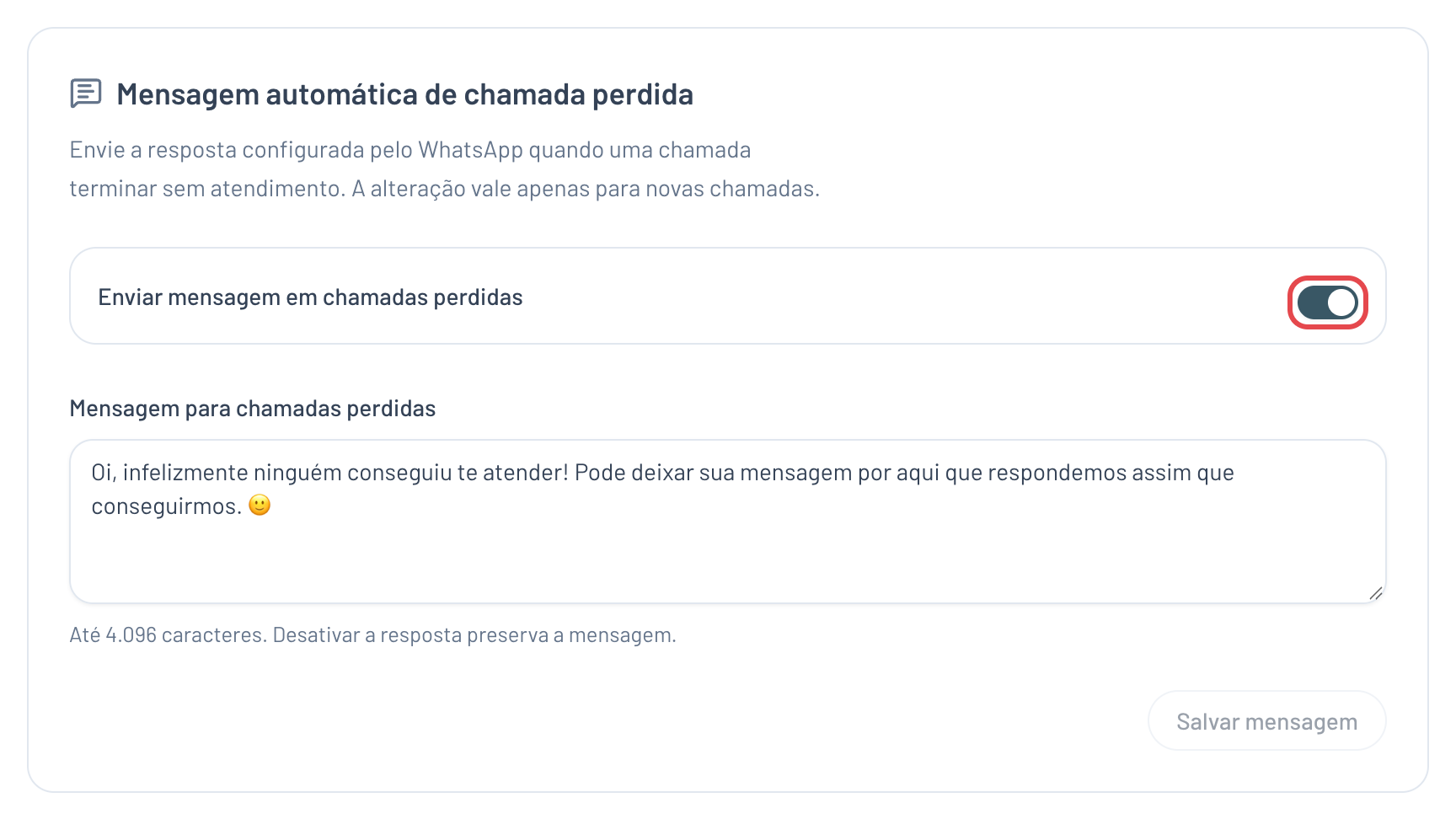 Seção Mensagem automática de chamada perdida com a opção Enviar mensagem em chamadas perdidas ligada e a mensagem para o paciente