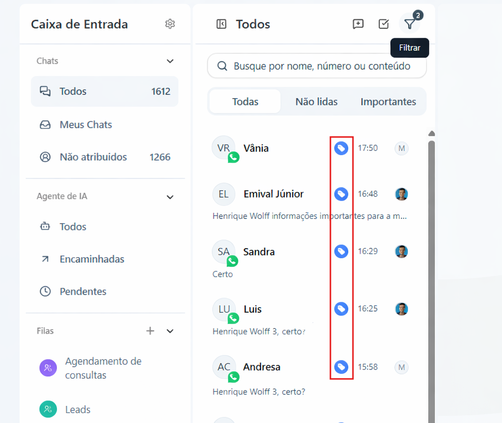 Caixa de Entrada da Clinia mostrando apenas os chats que possuem a etiqueta selecionada