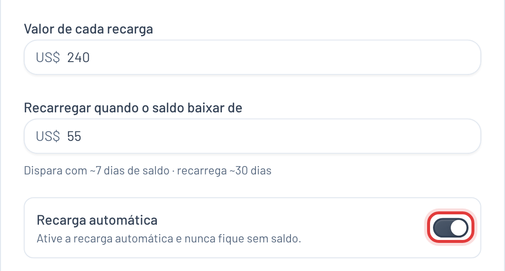 Campos de valor da recarga e do gatilho, com a chave Recarga automática destacada em vermelho