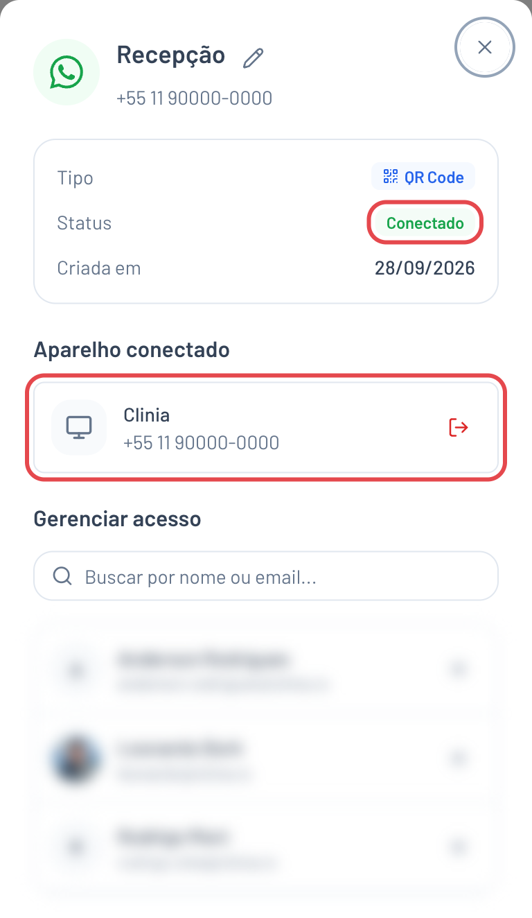 Painel da conexão com o status Conectado e o aparelho vinculado em Aparelho conectado destacados