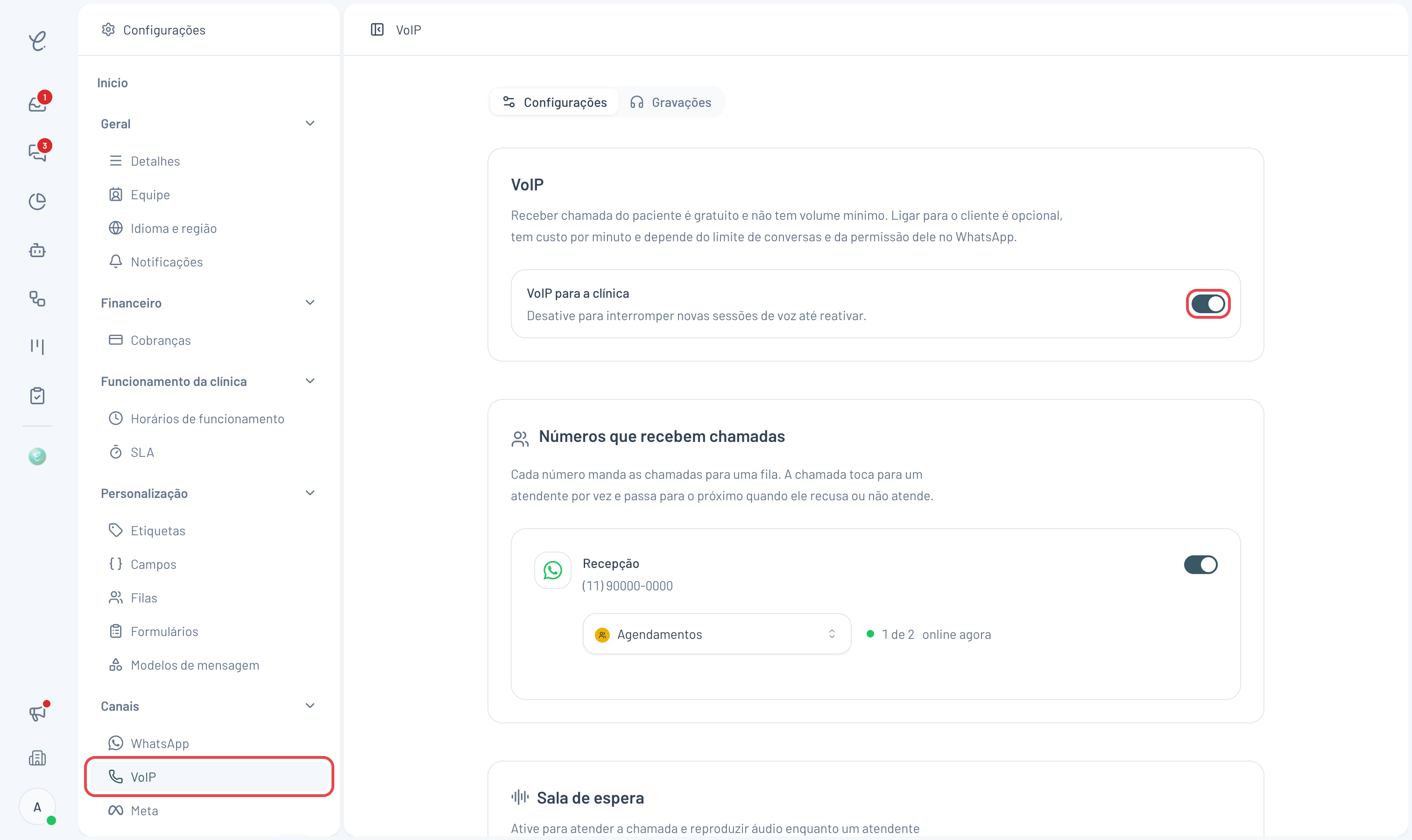 Tela de Configurações com o item VoIP do grupo Canais e a chave VoIP para a clínica destacados