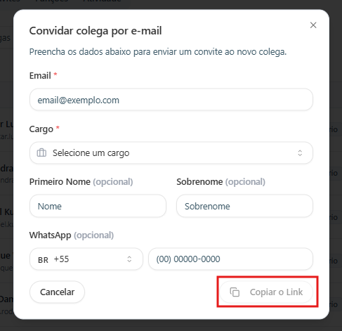 Tela do convite com o botão Copiar o Link em destaque