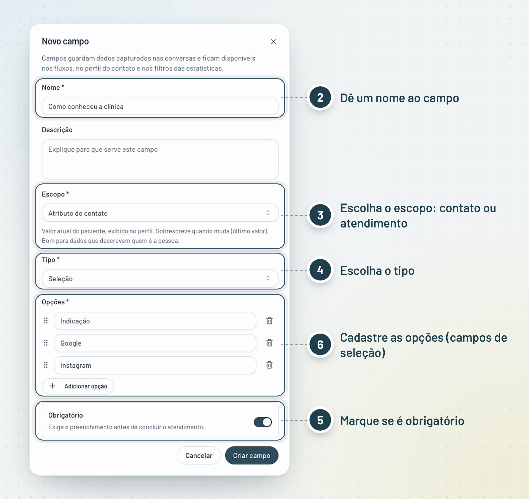 Janela Novo campo da Clinia com marcadores numerados em Nome, Escopo, Tipo, Opções e Obrigatório