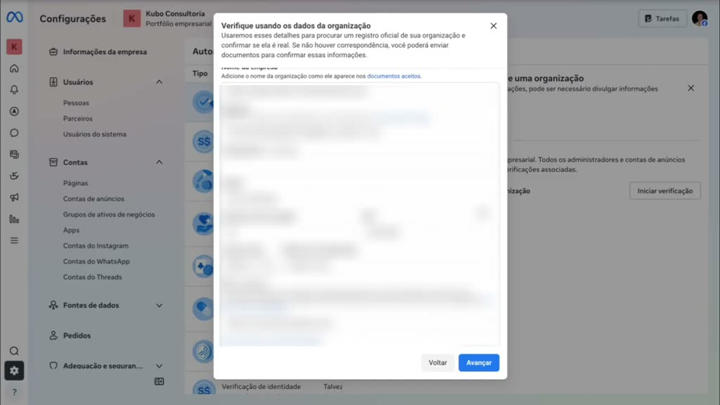 Modal Verifique usando os dados da organização, com o formulário de busca da empresa