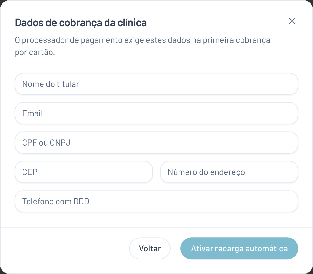 Formulário de dados de cobrança da clínica com nome do titular, email, CPF ou CNPJ, CEP, número e telefone