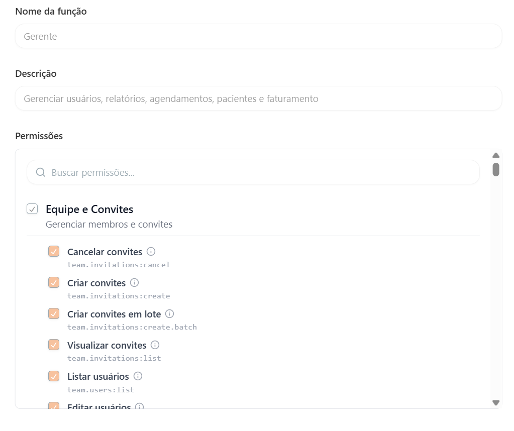 Painel de detalhes de um cargo, mostrando a lista de permissões que podem ser ativadas para o cargo de Gerente