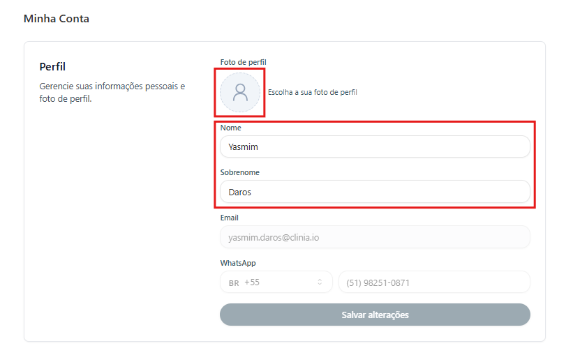 Tela de Conta com o ícone de foto de perfil e os campos de nome e sobrenome destacados
