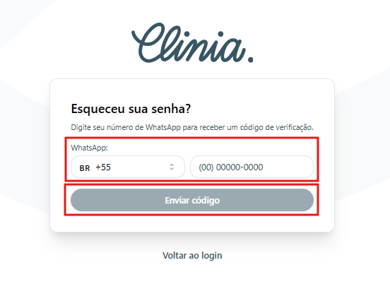 Formulário de recuperação com o campo de WhatsApp e o botão Enviar Código