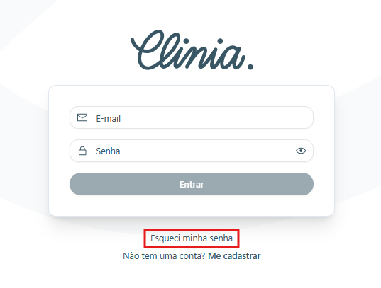 Tela de login da Clinia com o link Esqueci minha senha destacado em vermelho