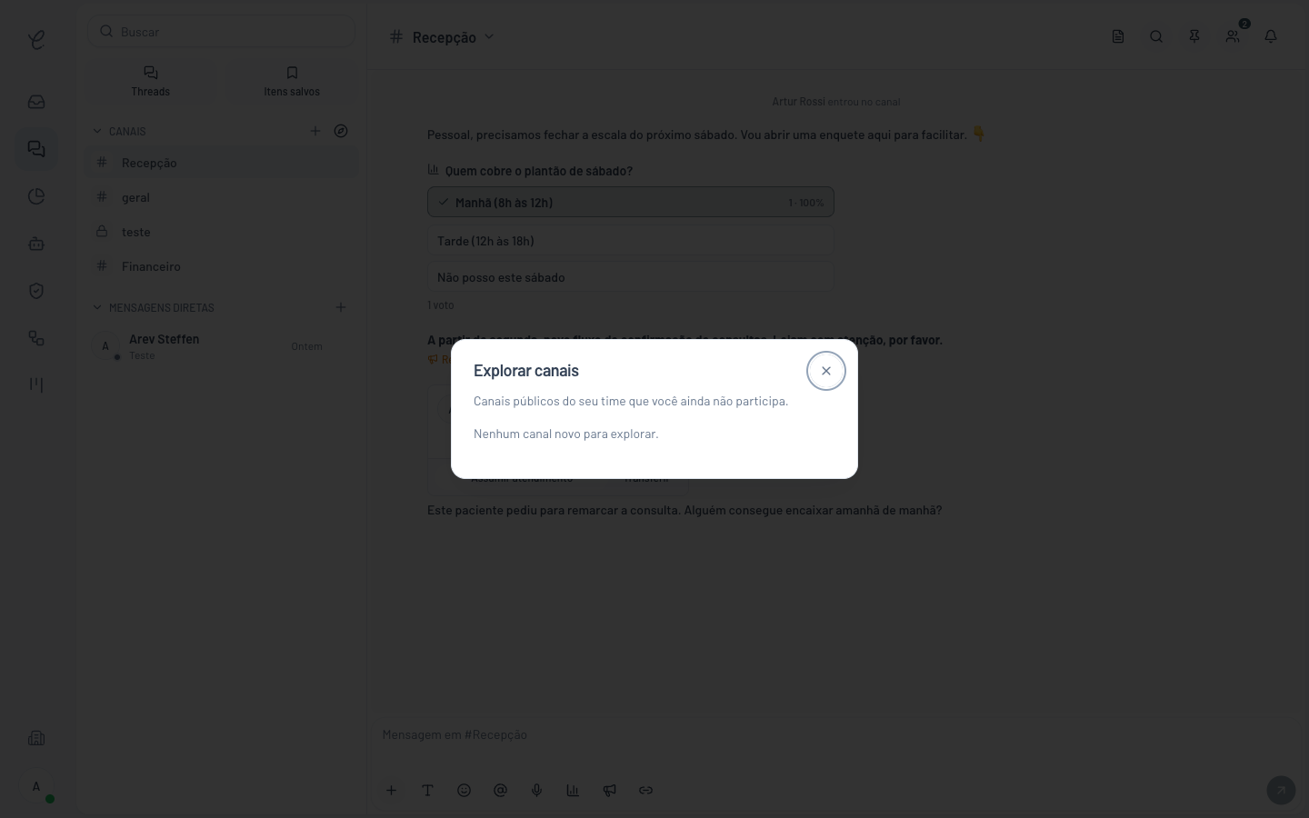 Janela Explorar canais da Clinia mostrando os canais públicos disponíveis para participar