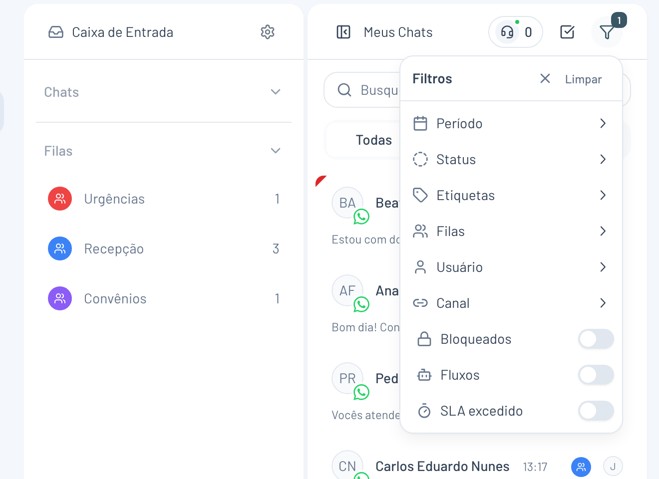 Popover de filtros do Inbox aberto, com a chave SLA excedido no fim da lista.