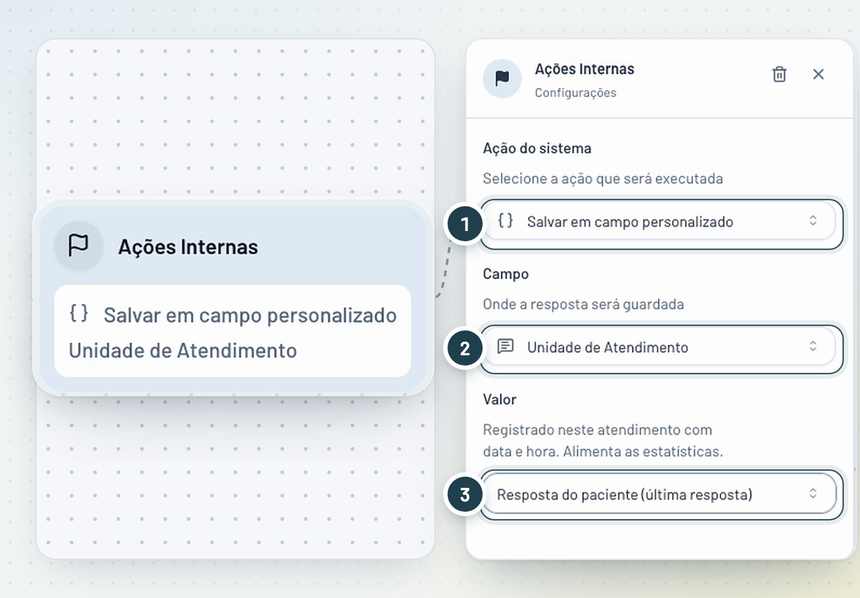 Bloco Ações Internas no construtor de fluxo e o painel de configuração ao lado, com Ação do sistema, Campo e Valor numerados