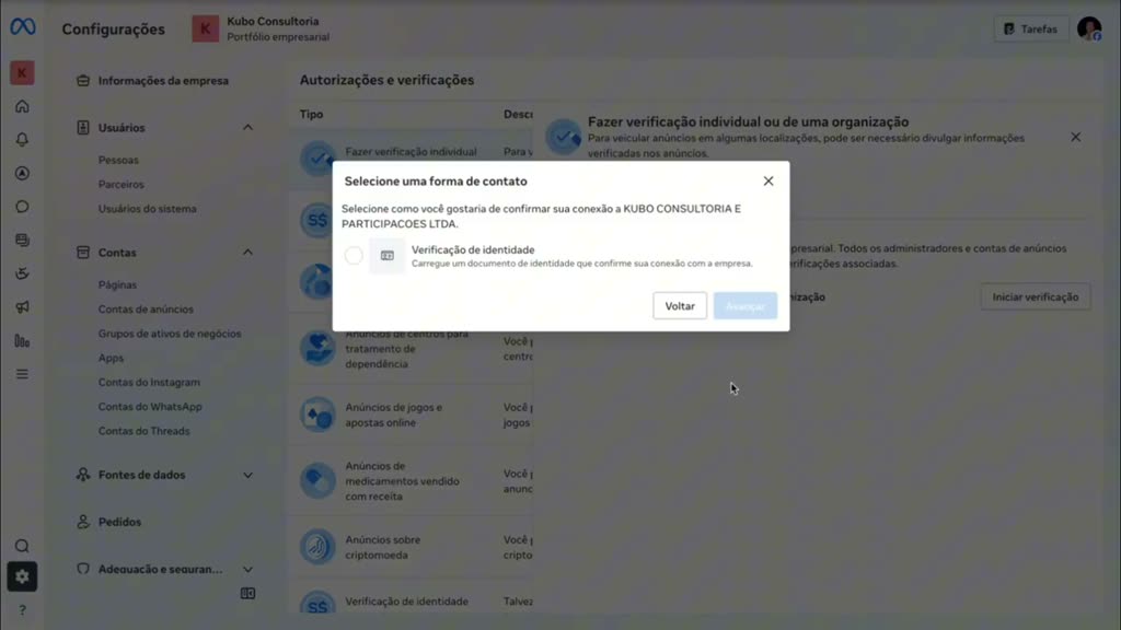 Modal Selecione uma forma de contato, mostrando o método de verificação por documento de identidade