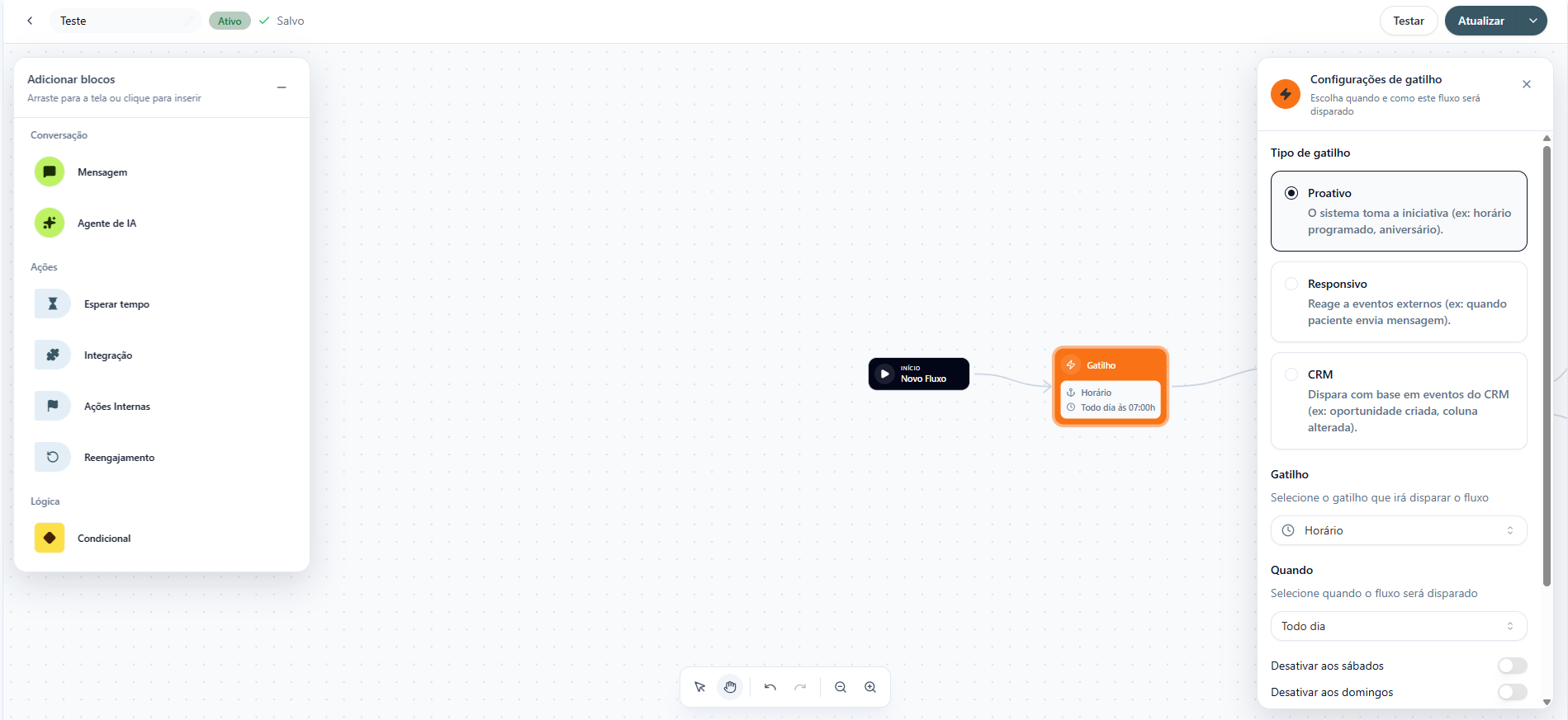 Tela de configuração de gatilho com a opção Proativo selecionada