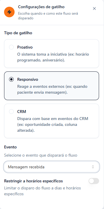 Tela de configuração de gatilho com a opção Responsivo