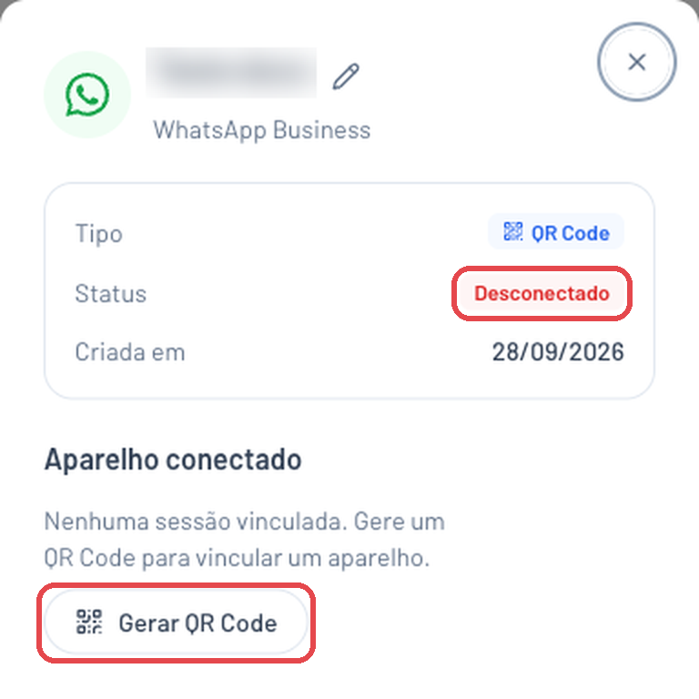 Painel da conexão com o status Desconectado e o botão Gerar QR Code destacados