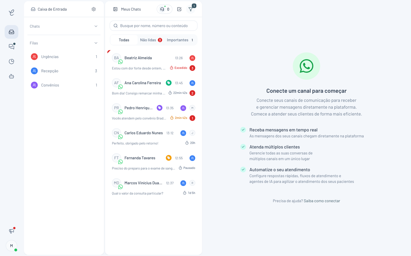 Lista de conversas do Inbox com a contagem regressiva em cada linha: uma conversa com SLA excedido em vermelho, duas dentro do prazo e uma pausada.