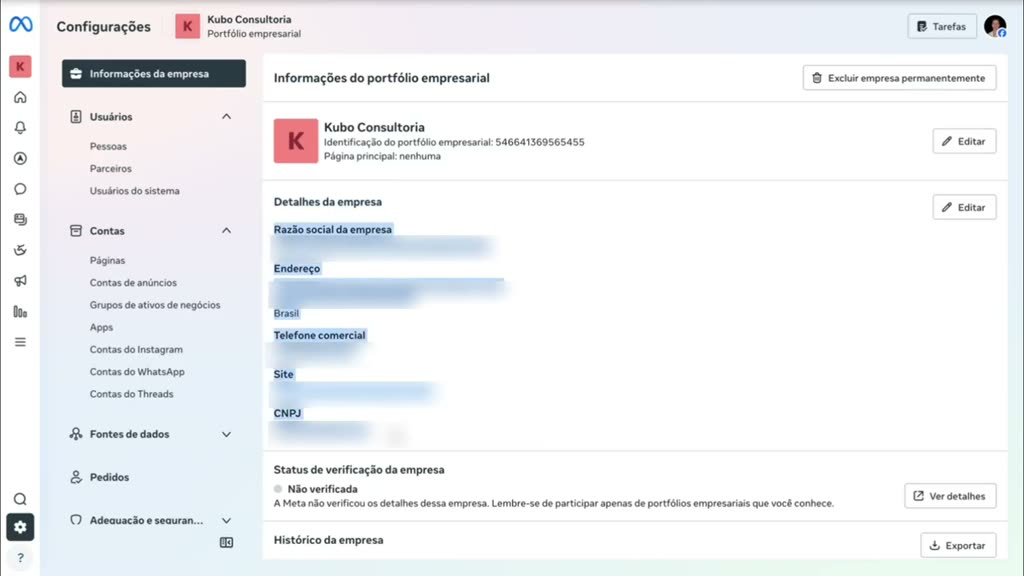 Tela de Informações do portfólio empresarial no Business Manager, com a seção Detalhes da empresa