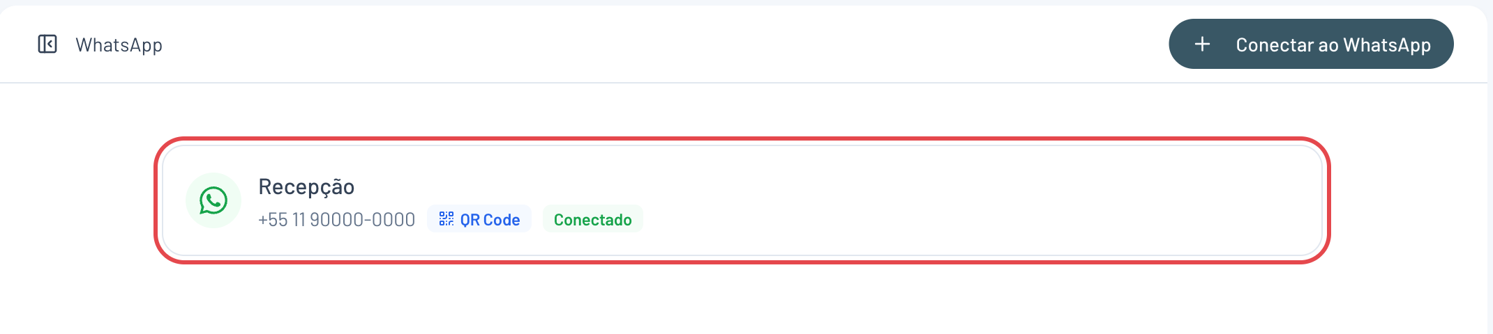 Lista de conexões de WhatsApp com a conexão Recepção, o número, a etiqueta QR Code e o status Conectado destacados