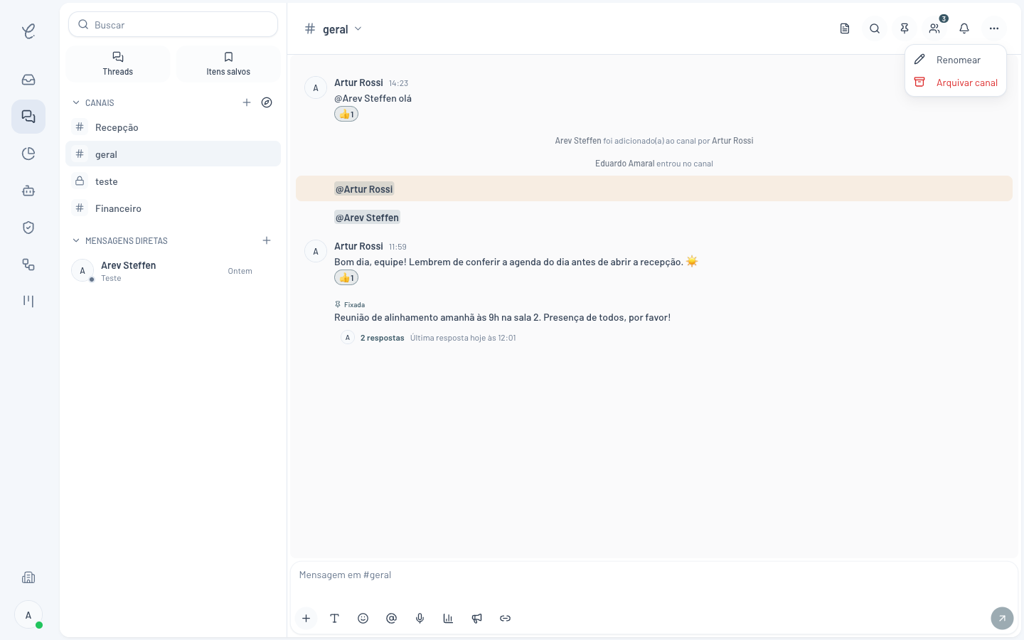 Menu de mais ações do canal na Clinia com as opções Renomear e Arquivar canal