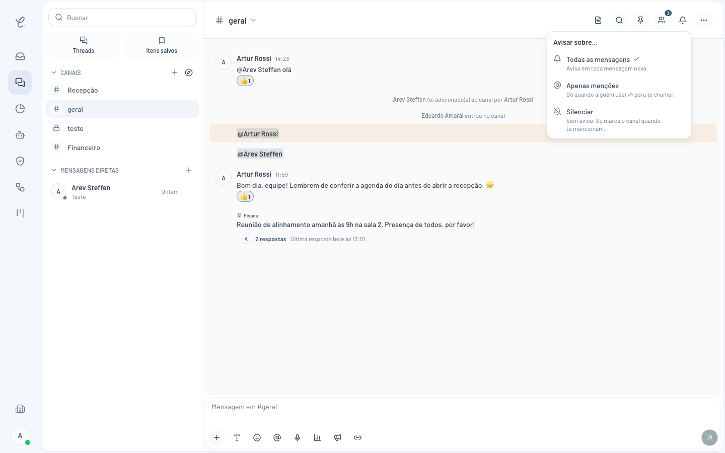 Menu de notificações do canal na Clinia com as opções Todas as mensagens, Apenas menções e Silenciar