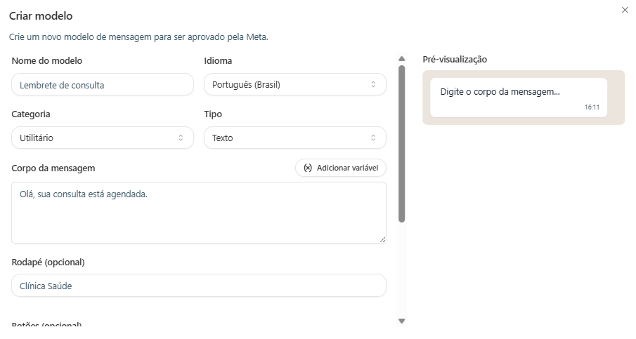 Formulário de criação de modelo de mensagem na Clinia com os campos nome, idioma, categoria e conteúdo