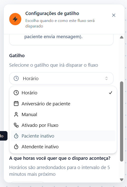 Painel de configuração do gatilho proativo, primeira etapa das opções