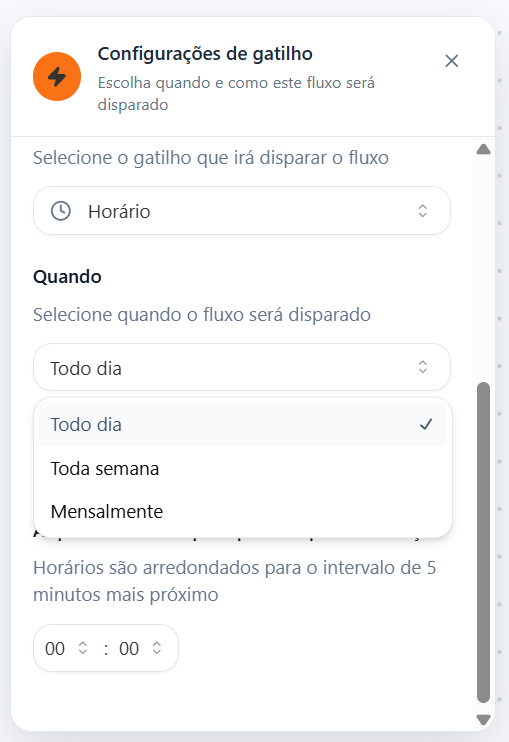 Painel de configuração do gatilho proativo, segunda etapa das opções