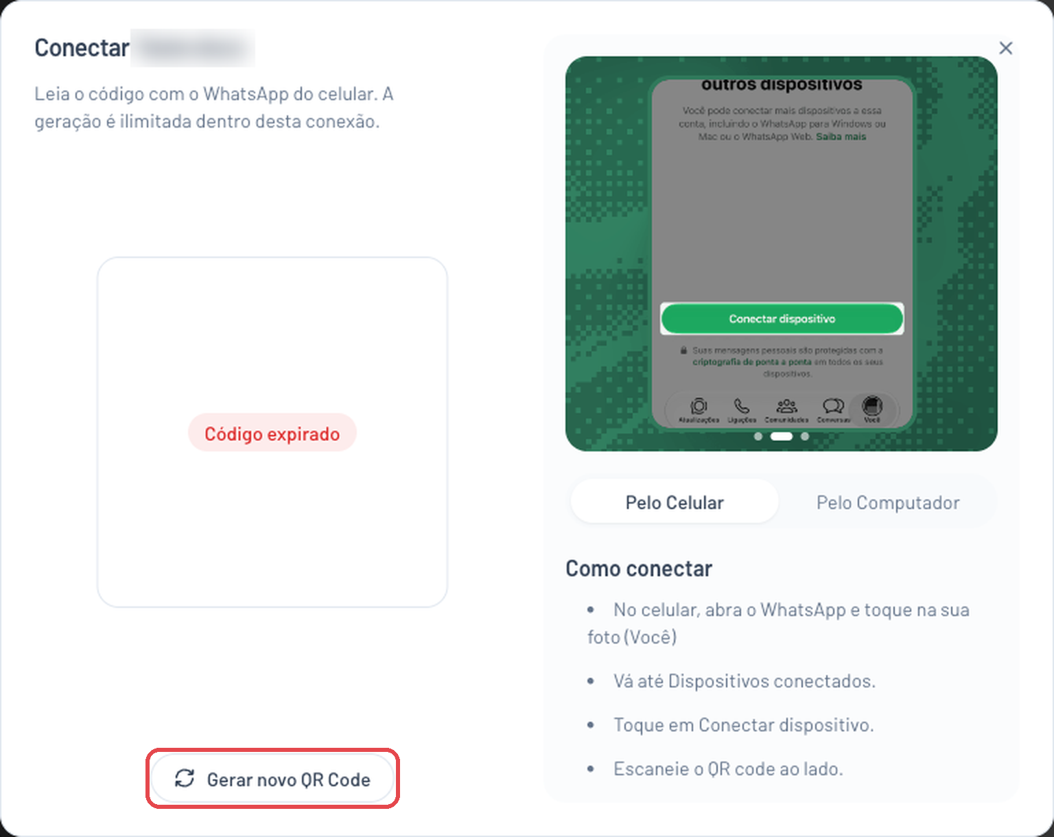Janela Conectar com a mensagem Código expirado e o botão Gerar novo QR Code destacado