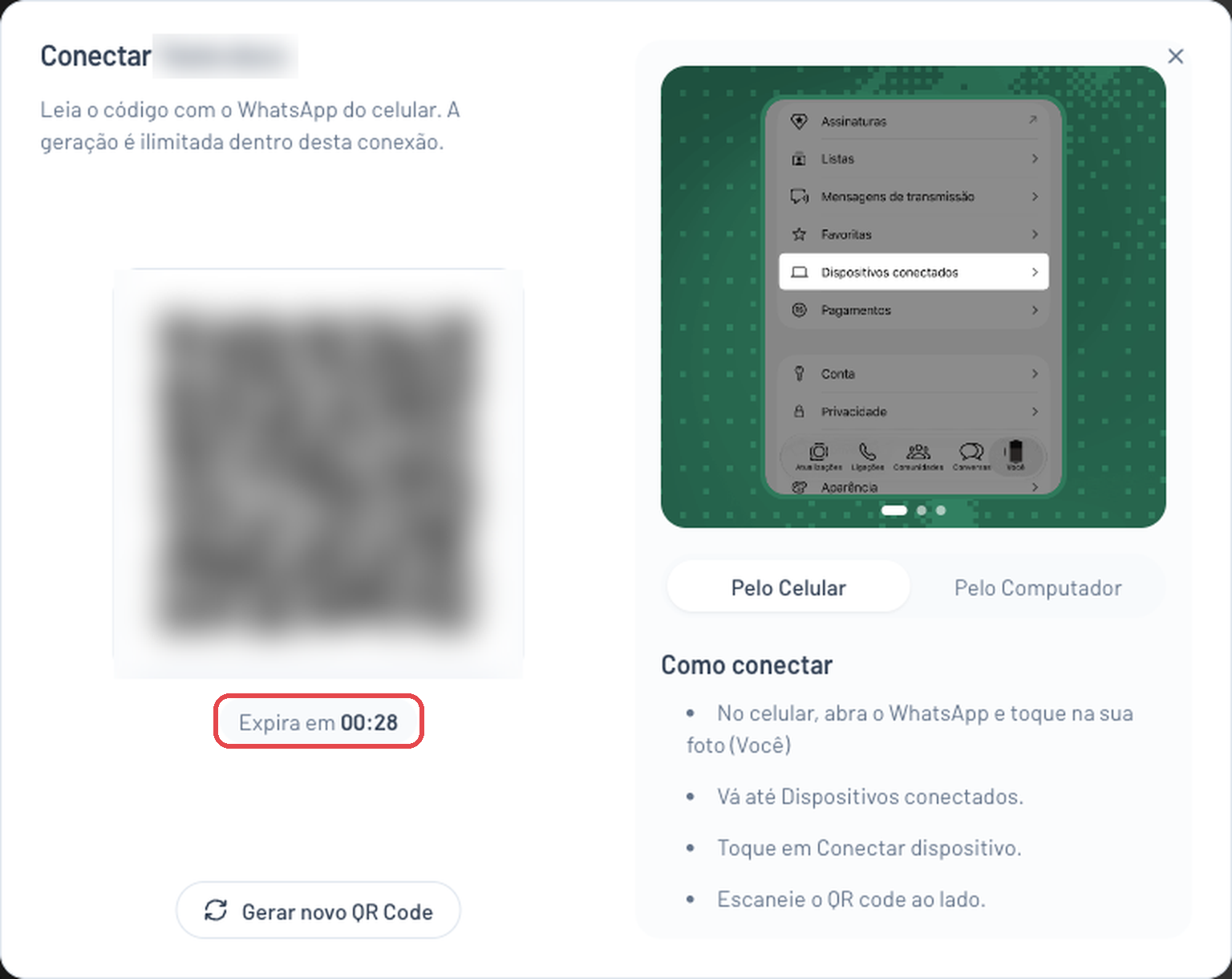 Janela Conectar na aba Pelo Celular, com o QR Code, o contador Expira em destacado e as instruções Como conectar