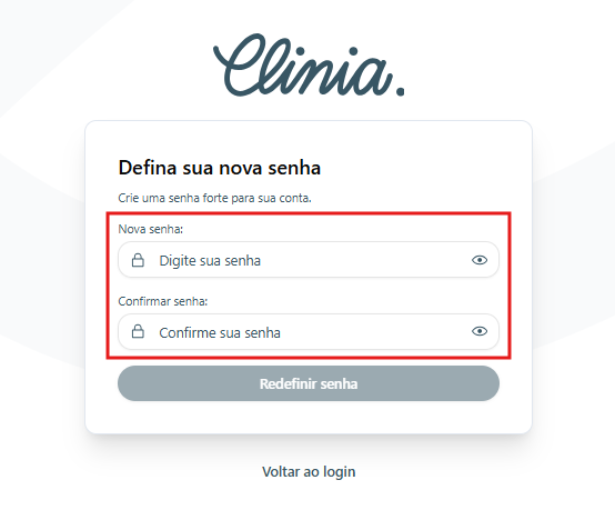 Tela de redefinição com os dois campos de nova senha e o botão Redefinir Senha