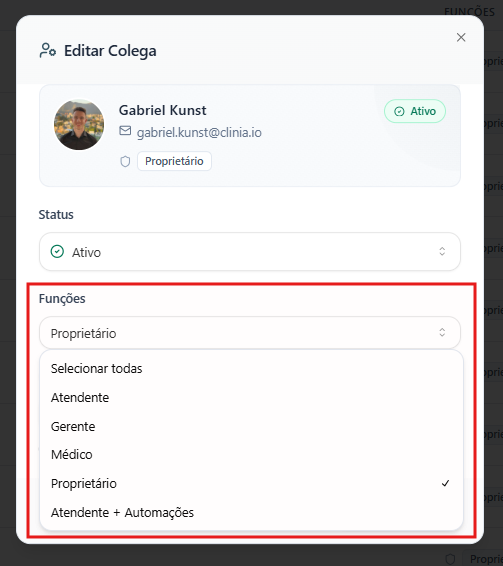 Campo Funções aberto no perfil do usuário, com a lista de cargos disponíveis