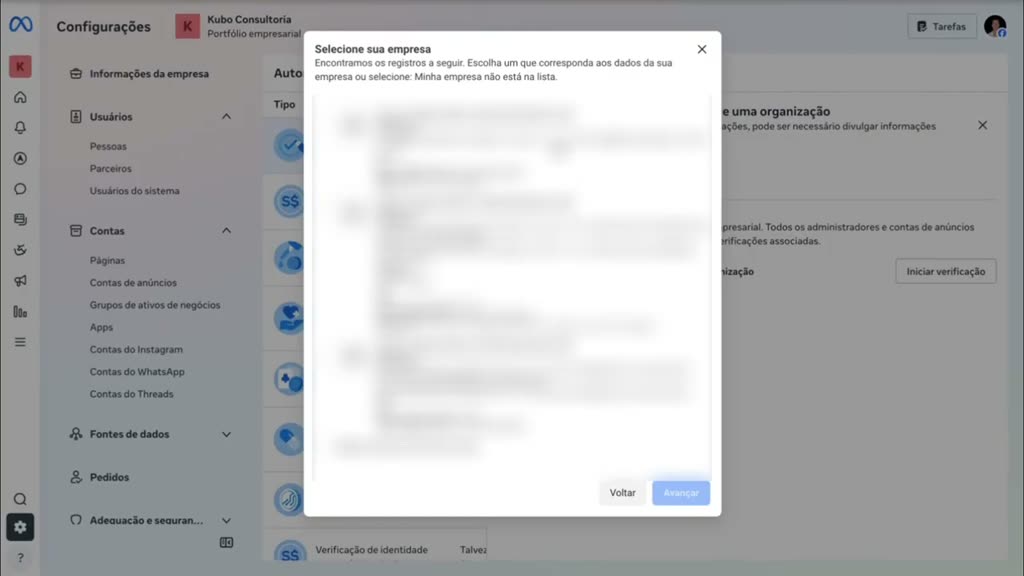 Modal Selecione sua empresa, com a lista de registros encontrados pela Meta