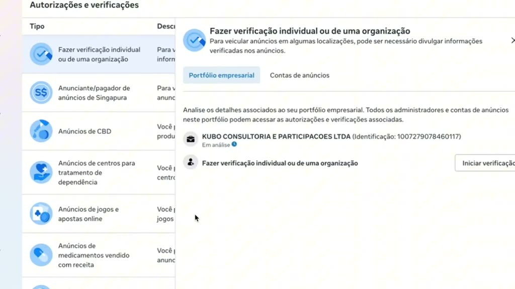 Painel de Autorizações e verificações mostrando a empresa com status Em análise